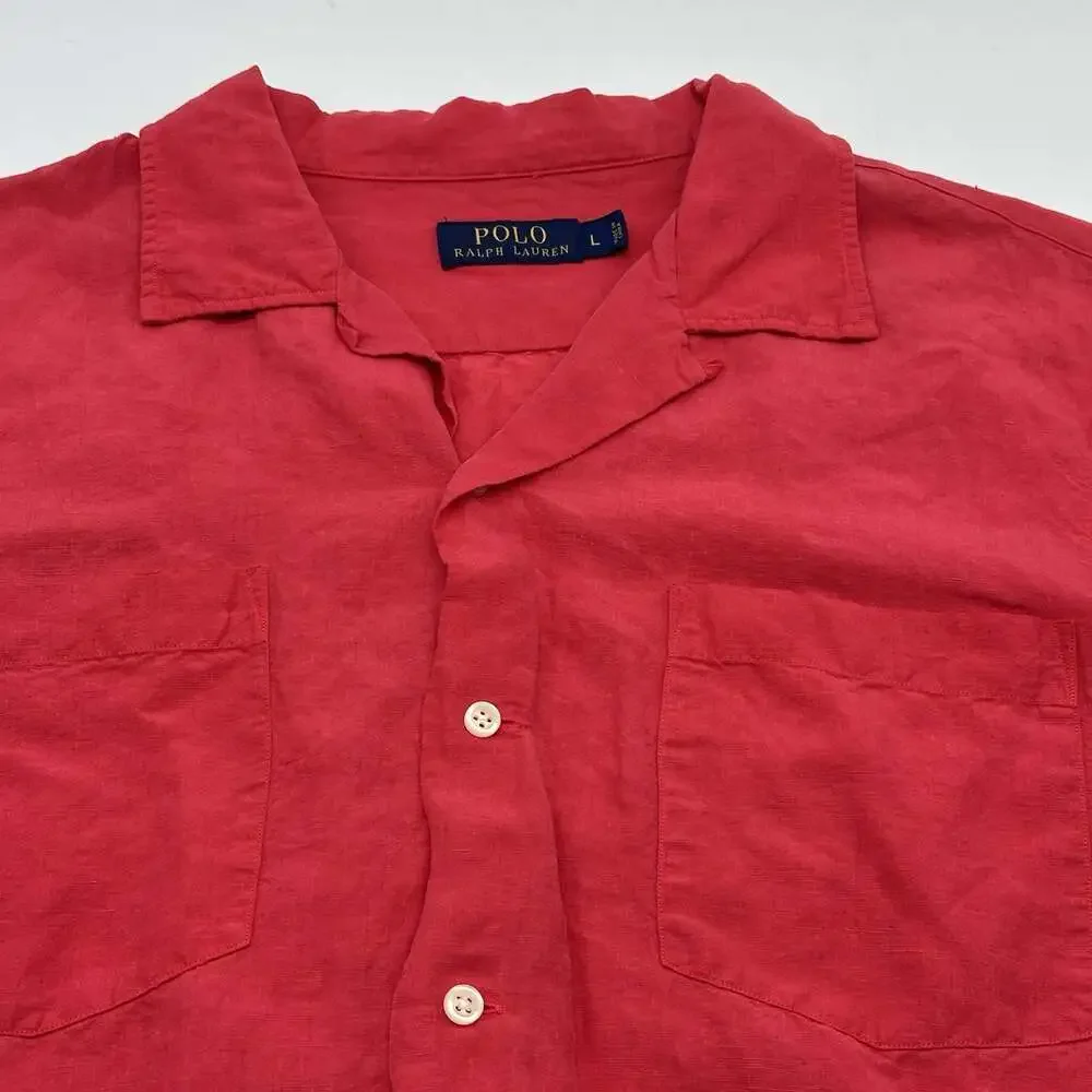 Polo Ralph Lauren Size Large Red Linen Silk Blend Short Sleeve Button Up Shirt